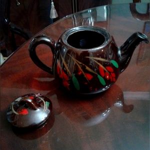 Vintage Hamilton Royal Canadian Art Teapot - Brown with Red and Green Flowers